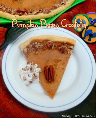 Pumpkin Pecan Crostata (Halloween decorated or not), a flat tart with a creamy pumpkin filling and crunchy pecans. | recipe developed by www.BakingInATornado.com | #recipe #dessert