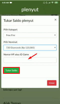 tukar saldo plenyut ke diamond game ff dan ml