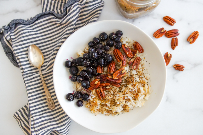 blueberry and salted pecan breakfast grain bowl