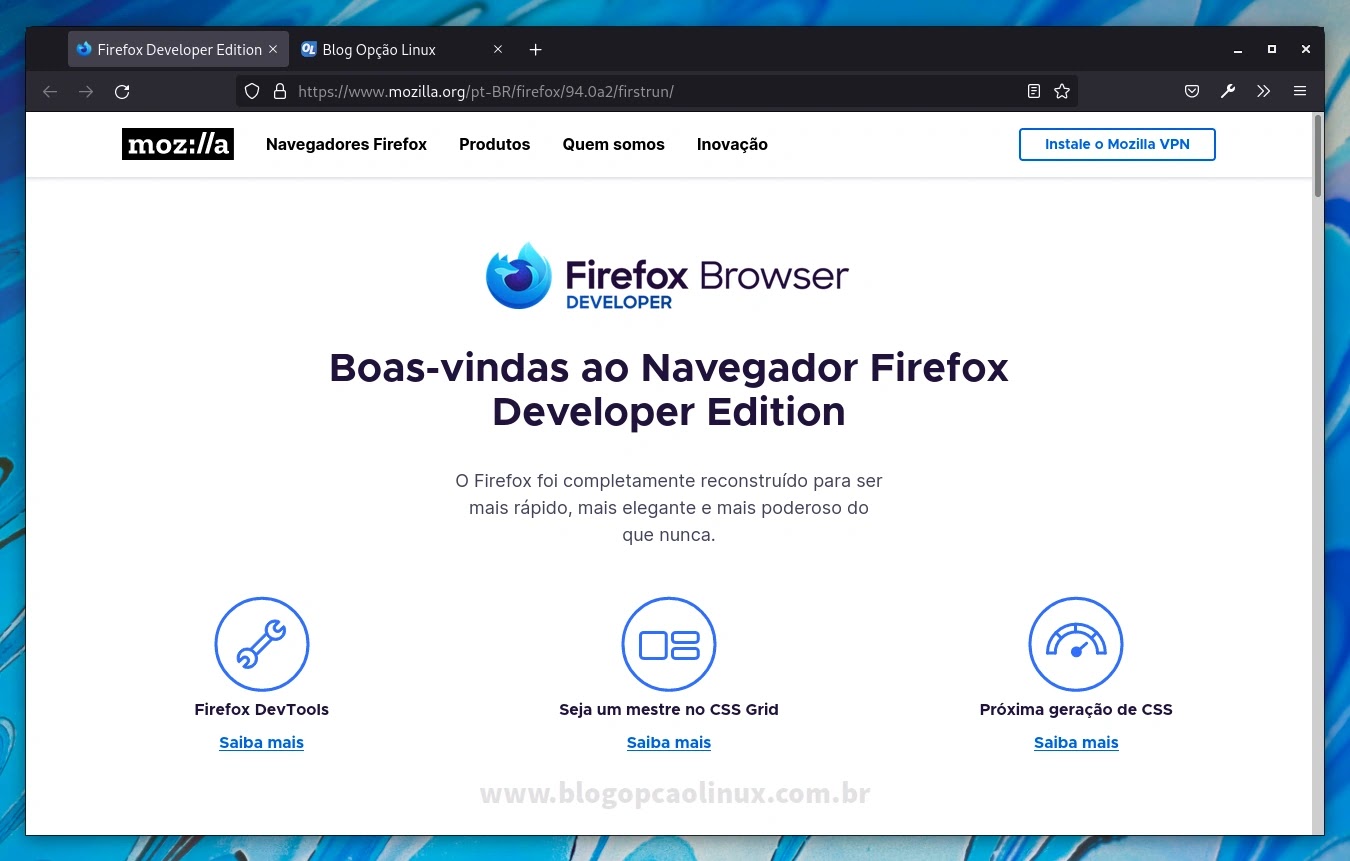 Mozilla Firefox Developer Edition executando no Fedora 35 Workstation