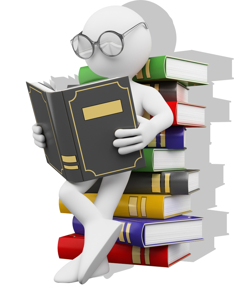 Человечек с книгами для презентации на прозрачном фоне