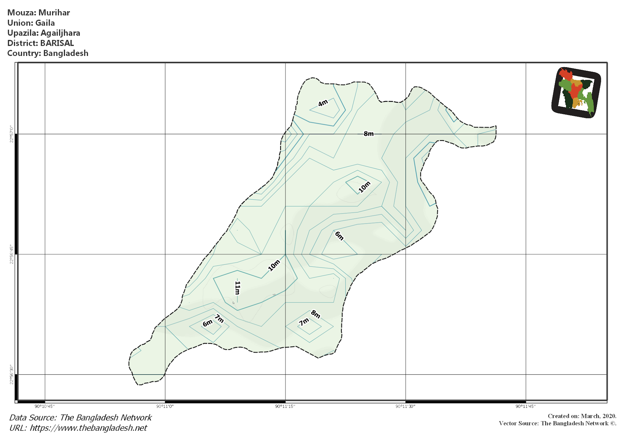 Map of Murihar Mouza of Agailjhara Upazila, BARISAL, Bangladesh.