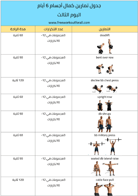 جدول تمارين كمال اجسام 6 ايام