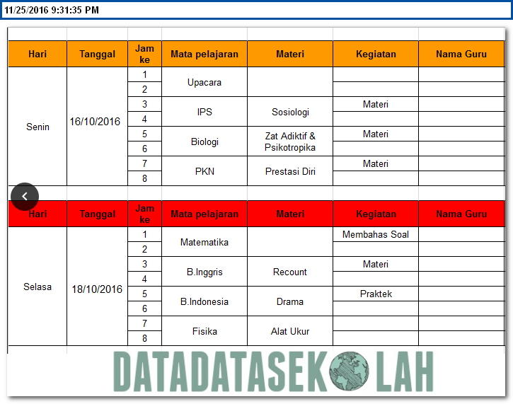Buku Agenda Harian SMP/MTs Format Excel New Update 2016