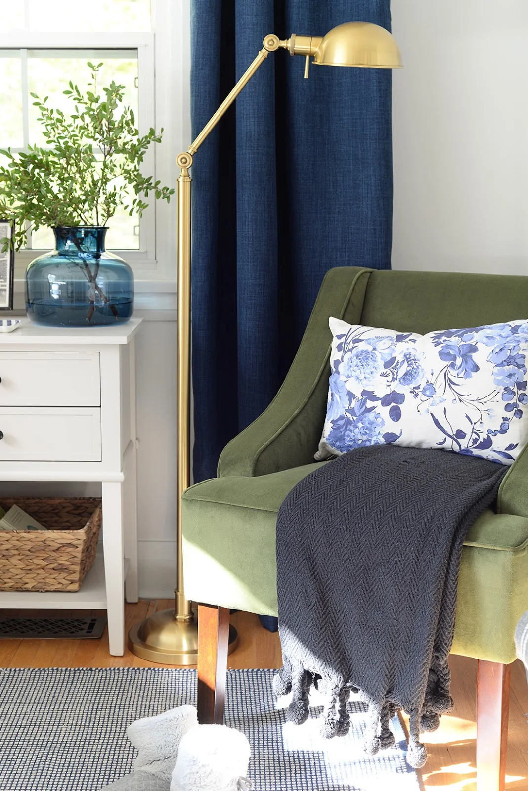 hudson valley lighting girard floor lamp, navy blue curtains, ikea hemnes desk, homepop swoop arm velvet chair, velvet green chair