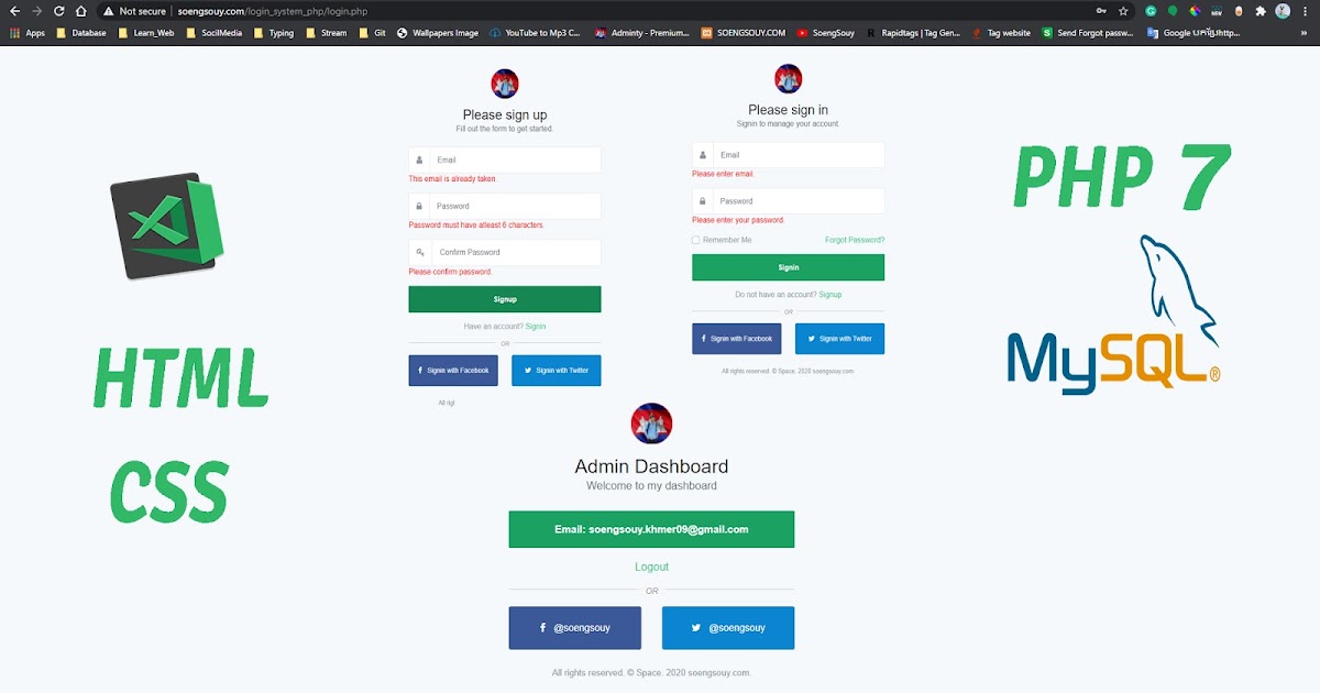 PHP MySQL register and login form with validation