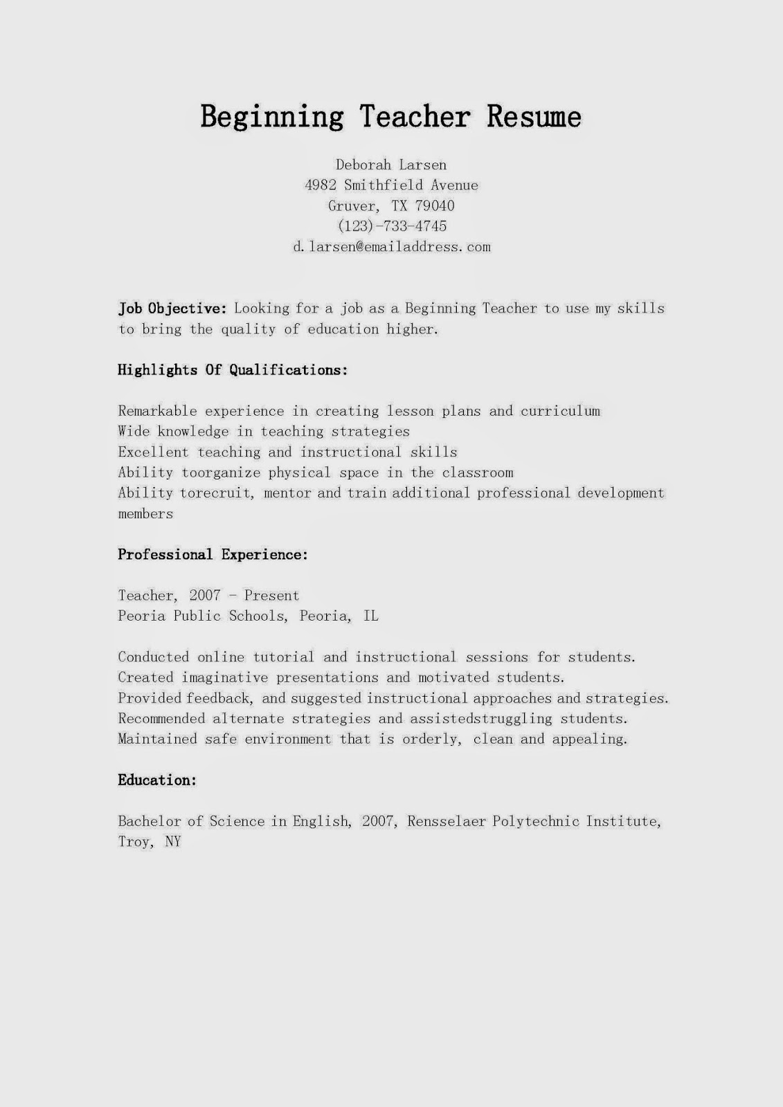 resume for beginner teacher
