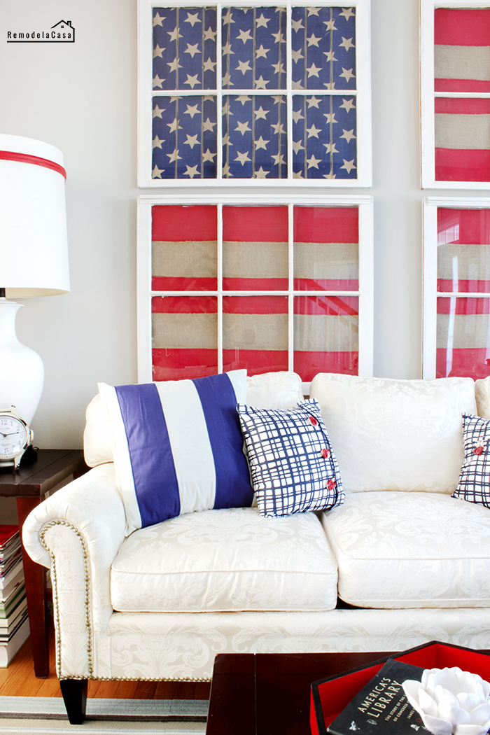 Red, White and Blue Living Room patriotic decor in living room with american flag art on old window wall gallery