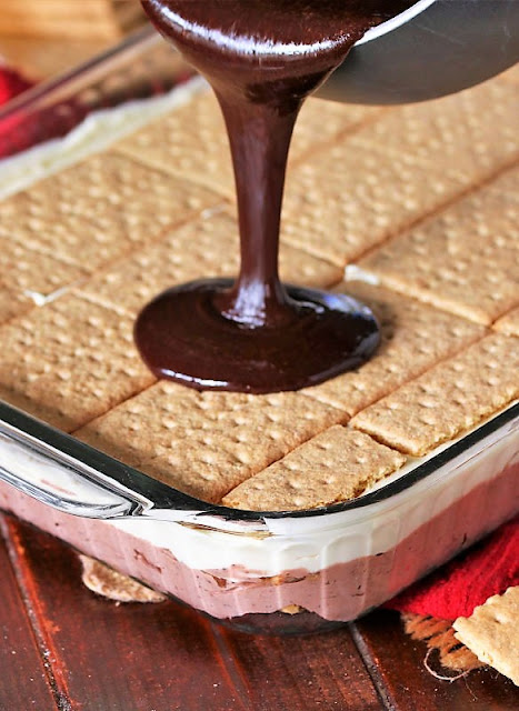 Pouring Topping on Vanilla & Chocolate No-Bake Eclair Dessert Image