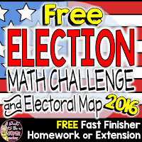 A free 2016 presidential election math challenge and electoral map perfect for a whole class activity, math morning work, fast finisher, homework assignment, or extension in grades 2-4. A free 2016 presidential election math challenge and electoral map perfect for a whole class activity, math morning work, fast finisher, homework assignment, or extension in grades 2-4.
