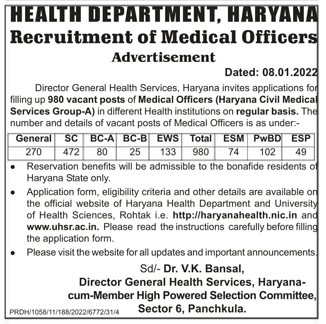 Haryana Health Department 980 Medical Officer Recruitment Teacher
