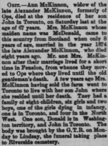 "Obit.-Ann McKinnon," The Victoria Warder, 20 Oct 1893, p. 5, col. 3; digital images, Findmypast (www.findmypast.com : accessed 16 Sep 2019), US & World newspapers - Canada. 