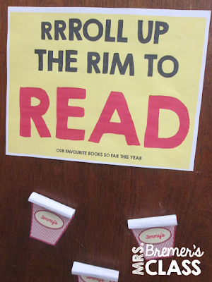 Roll Up the Rim...to Read! This Tim Horton's themed display shows what books students are reading.