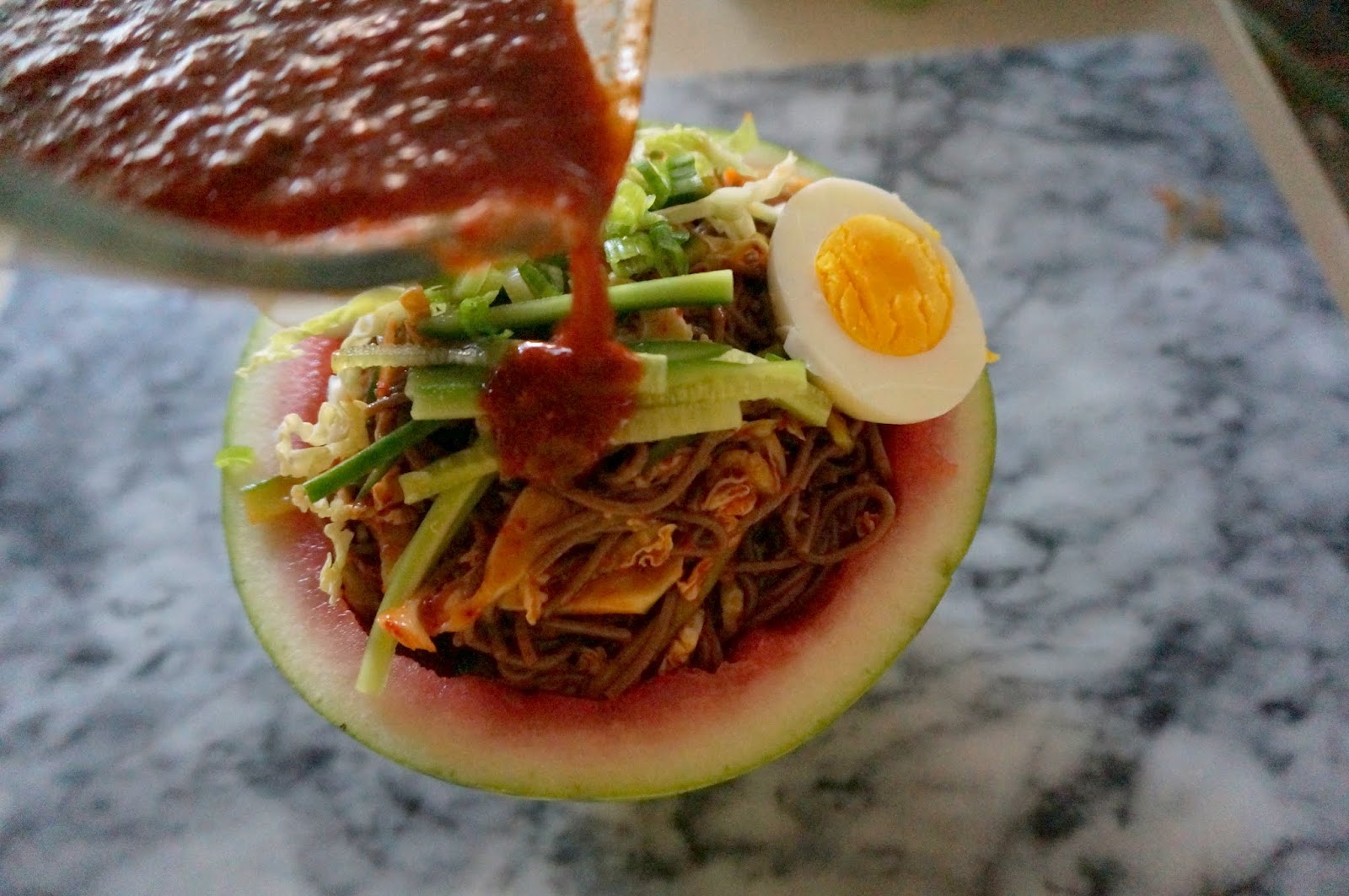 Korean Spicy Watermelon Noodles Soobak Naengmyun (수박냉면)