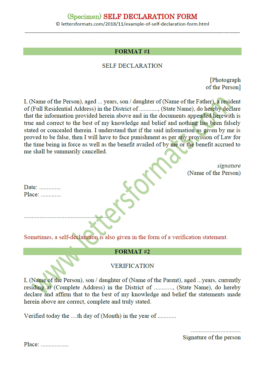 Example of Self Declaration Form - Templates / Formats