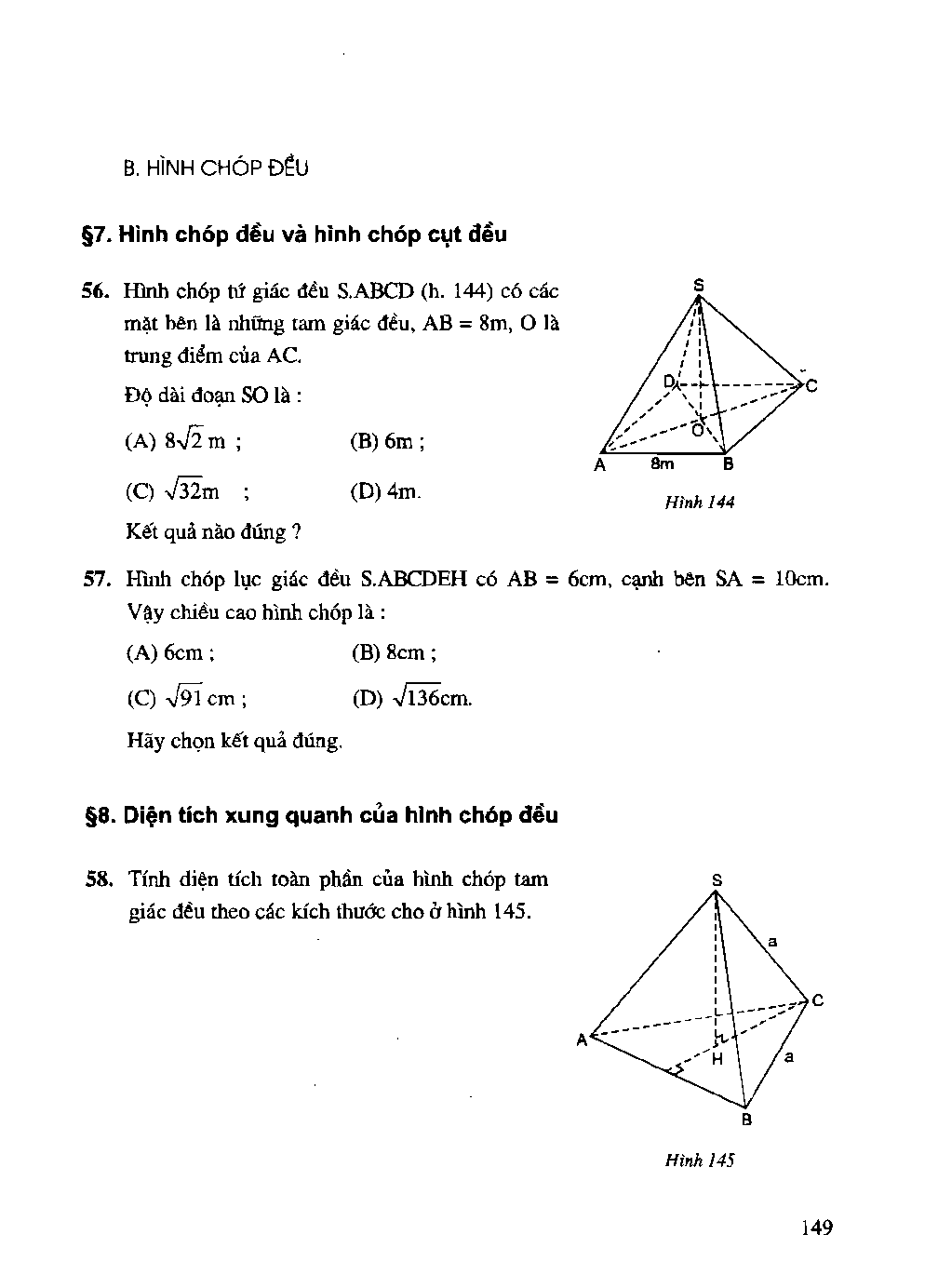 Giải Toán 8 bài Hình chóp đều và hình chóp cụt đều