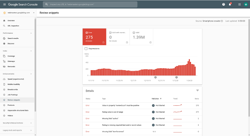 Search Console'da yorum snippet'i Geliştirme raporu