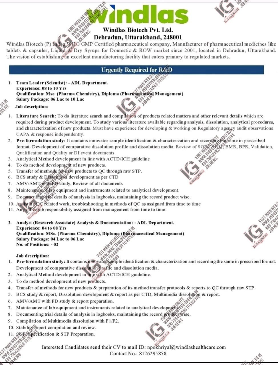 Windlas Biotech jobs for M.Sc Diploma apply now