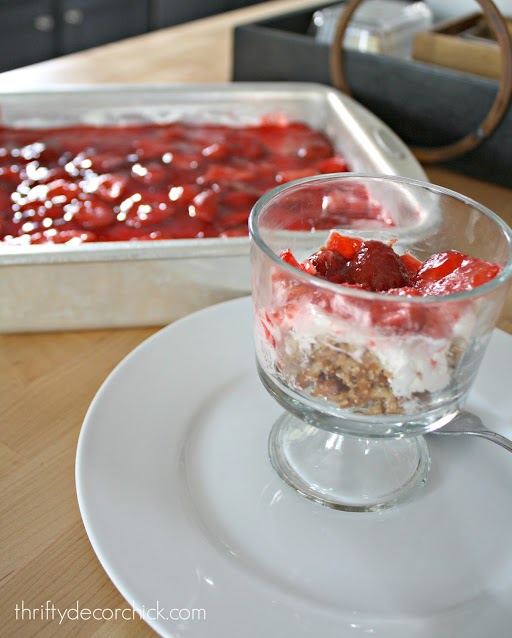 Pretzel and strawberry dessert in trifle bowl