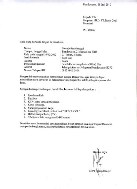 Contoh surat lamaran kerja Untuk fress graduate Contoh surat lamaran kerja Untuk fress graduate