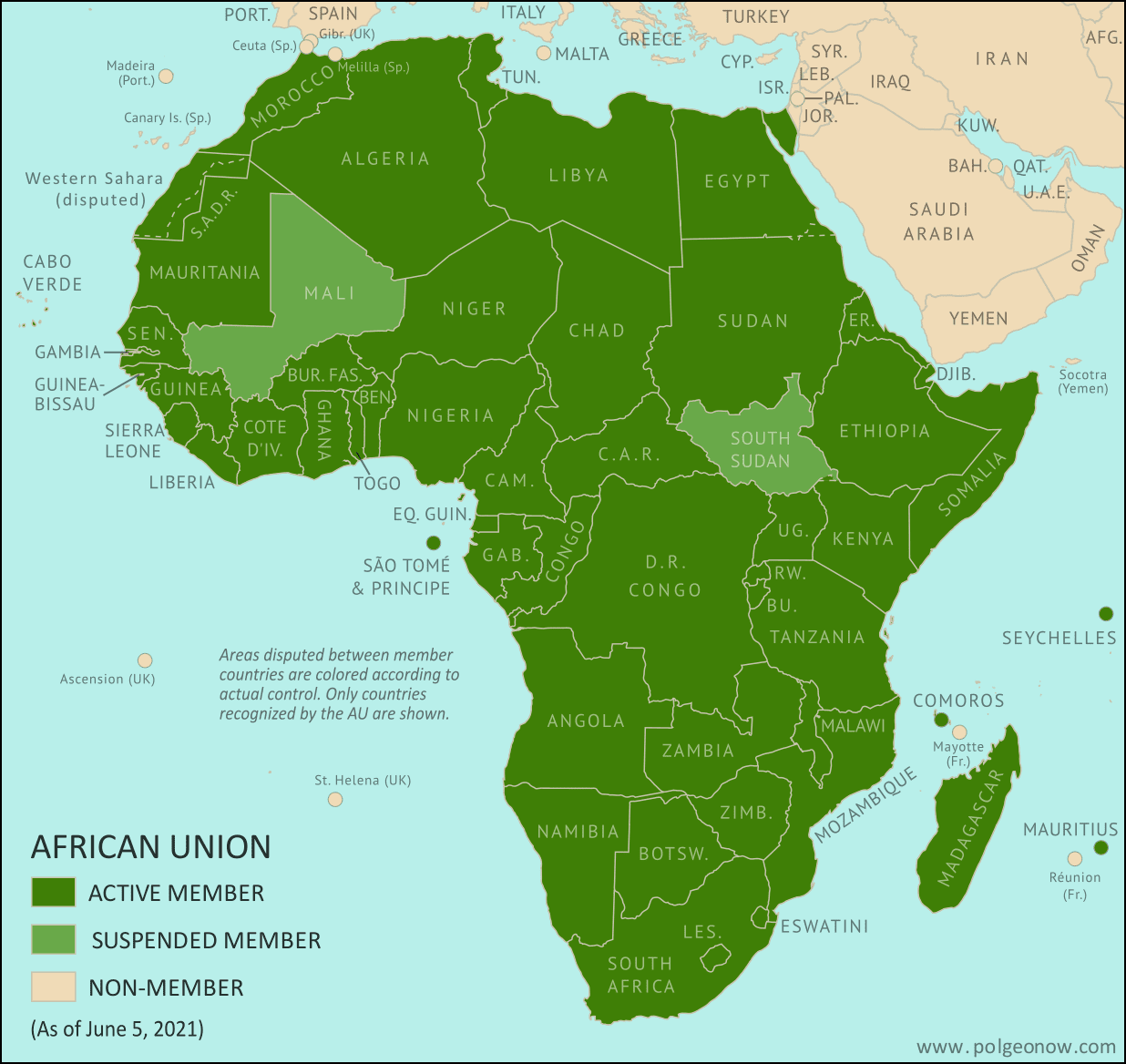 African Union: Map of Africa showing which countries are in the African Union in 2021, including active and suspended member countries and non-member territories. Updated for the June 2021 suspension of Mali (colorblind accessible).