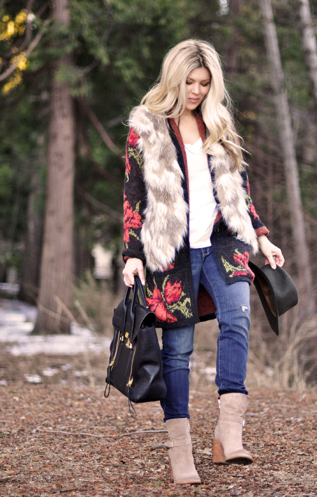 woodsy outfit in the woods, faux fur vest