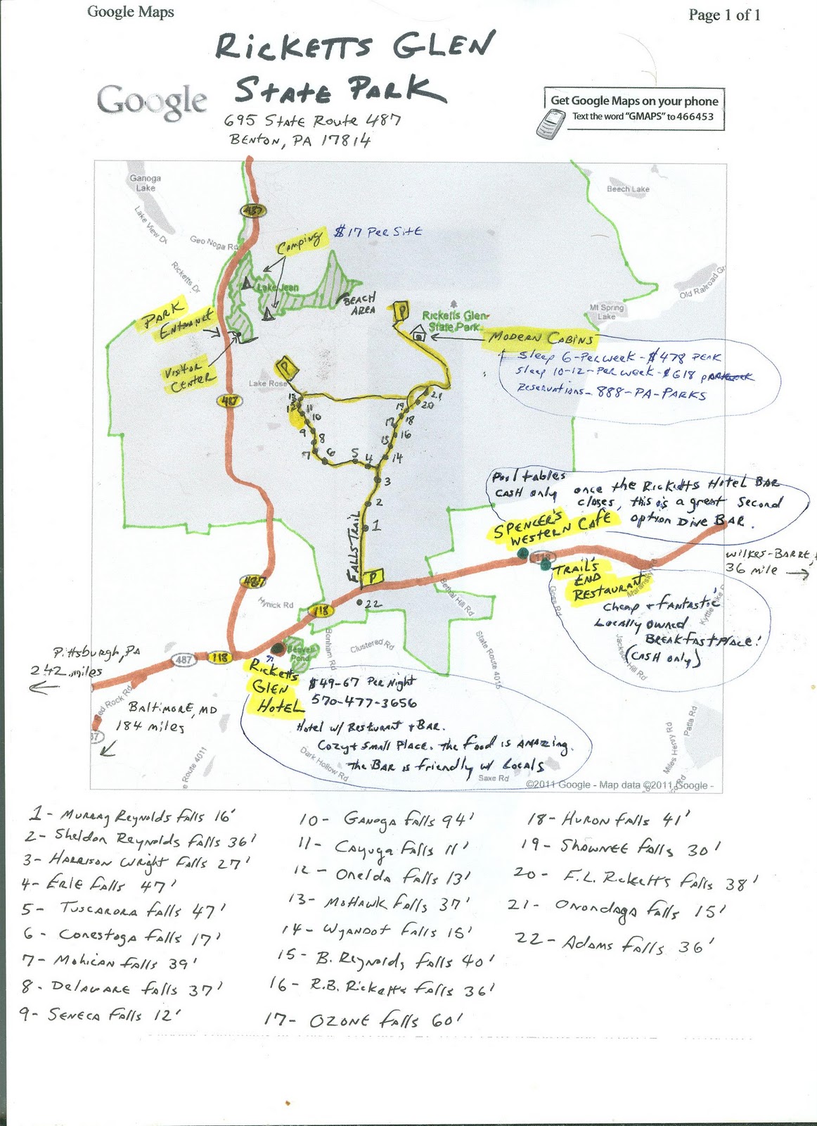 Maps For Friends: Ricketts Glen State Park - November 2011