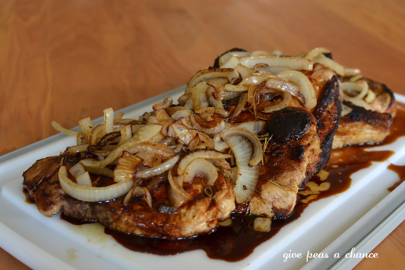 Give Peas a Chance Rosemary Molasses Pork Chops and Onions