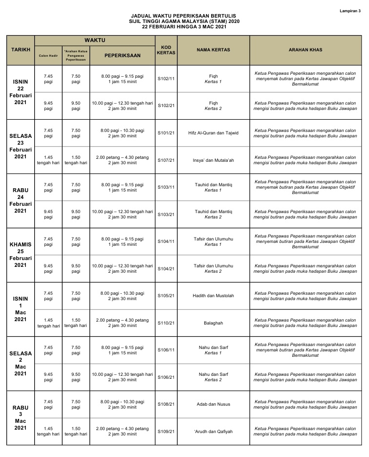 Jadual Waktu Peperiksaan Stam 2020