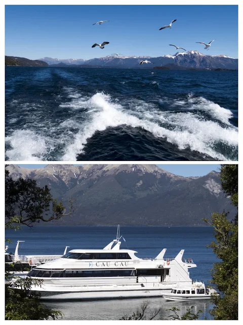 Cau Cau cruise boat and trailing seagulls near Bariloche Argentina