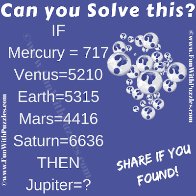 If Mercury = 717, Venus = 5210, Earth = 5315, Mars=4416, Saturn=6636 Then Jupiter=?