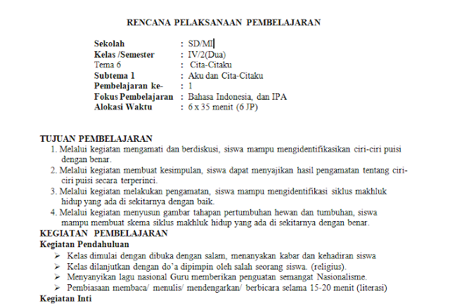 RPP 1 Lembar Kelas 4 Tema 8: Lingkungan Tempat Tinggalku