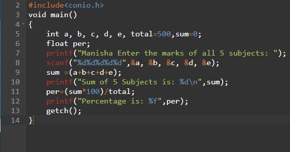 C Program to calculate sum of 5 subjects and find percentage - ManishaTech
