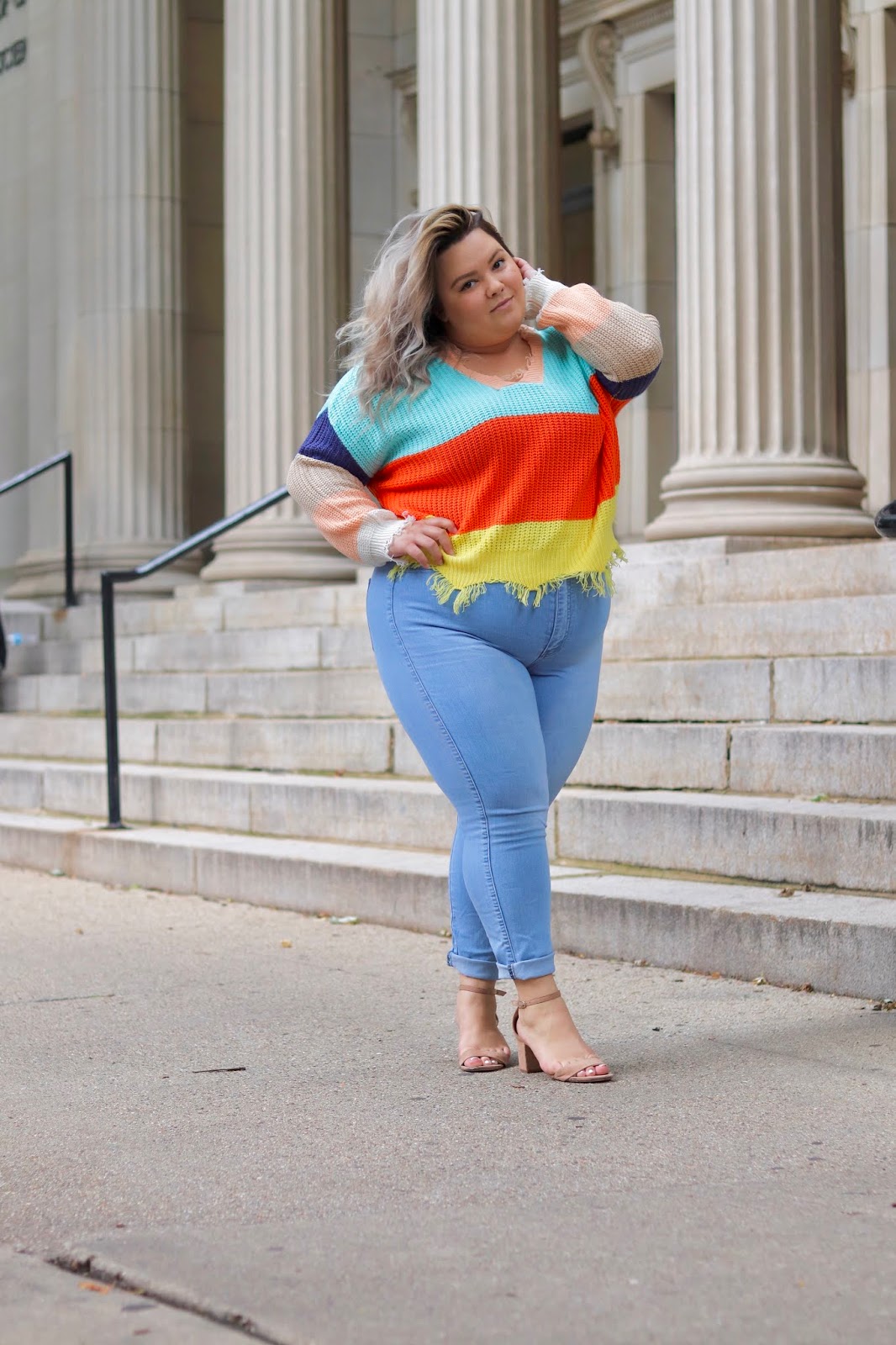 Chicago Plus Size Petite Fashion Blogger, influencer, YouTuber, and model Natalie Craig, of Natalie in the City, rocks sweaters and fall fashion from Gordmans, an off-price retailer.