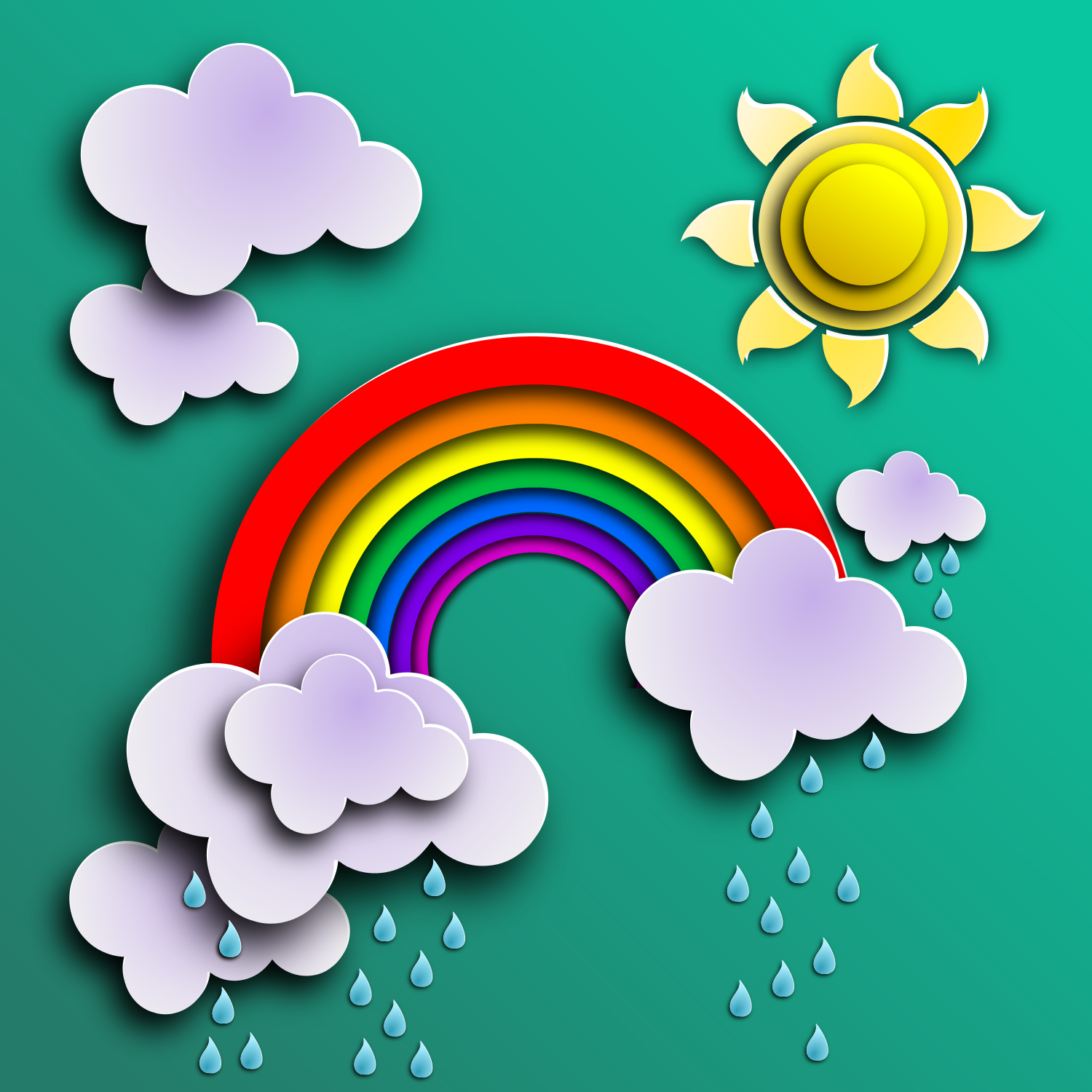 Imagens coloridas do sol dos desenhos animados com nuvens, chuva e  arco-íris no fundo branco. Jogos ao ar livre. Conjunto de ilustrações  vetoriais . imagem vetorial de Oleon17© 321286616