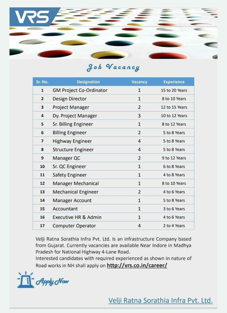 VRS Infra Pvt. Ltd Multiple Job Vacancy for Engineers / Accounts / HR
