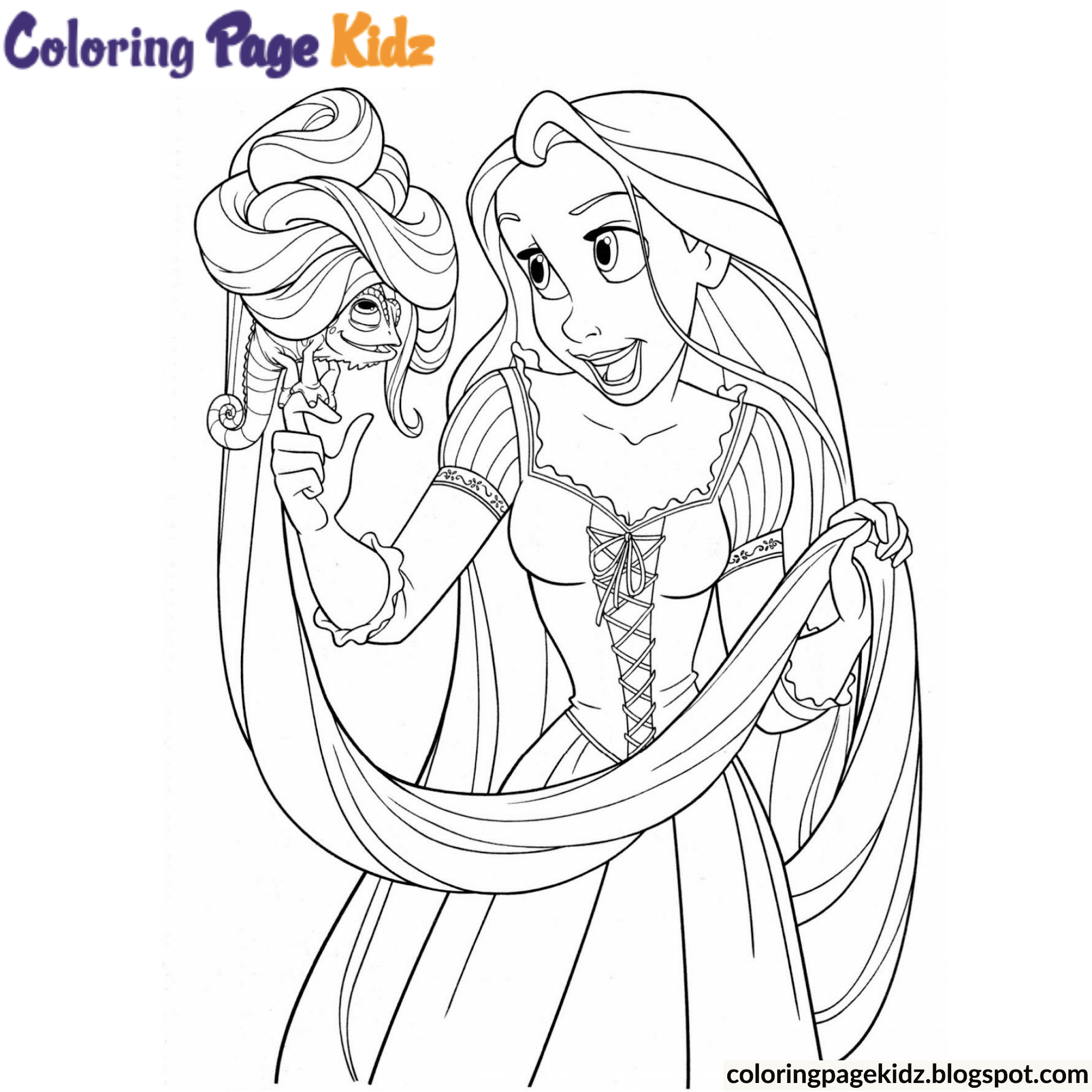 Rapunzel princess disney cartoon drawing in color page for kids Color in