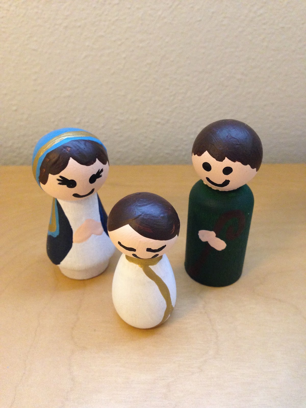 Hand Painted Peg Doll Joseph Mary and Baby Jesus Nativity Set Holy Family Home