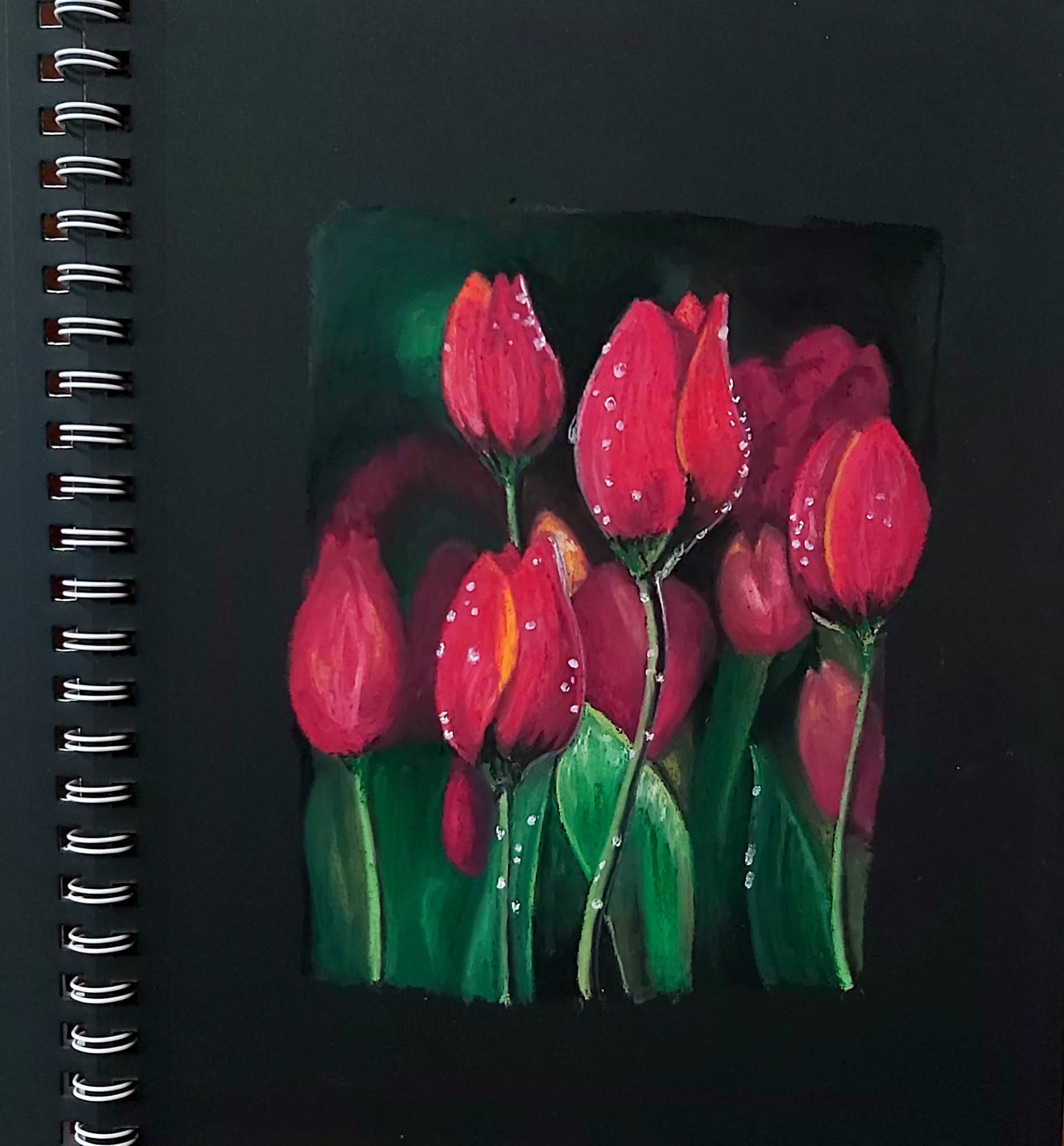 Drawing on black paper with pastel pencils, coloured pencils and other