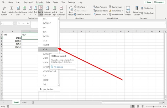 Función de hora, minuto y segundo en Microsoft Excel
