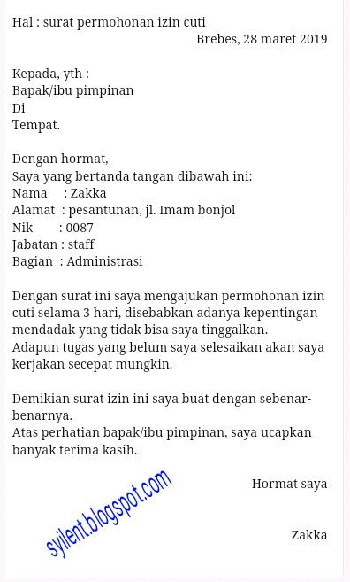 Contoh Surat Izin Tidak Masuk Kerja