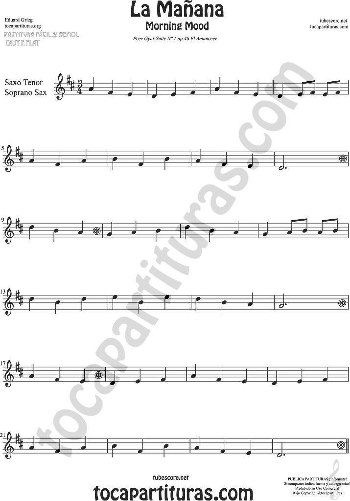 tubescore Morning Mood Sheet Music for Flute, Violin, Alto Sax