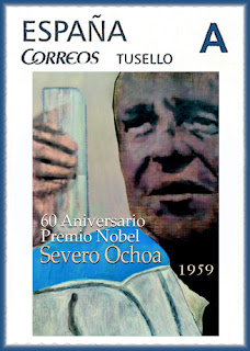 Sello personalizado del 60 aniversario de la concesión del Premio Nobel de Medicina a Severo Ochoa