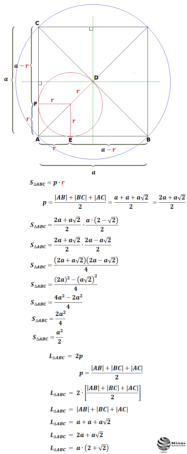 Promień okręgu opisanego i wpisanego w trójkąt prostokątny równoramienny a jego pole i obwód