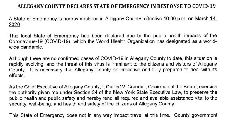 Wellsville Regional News (dot) com: BREAKING: Allegany County declares