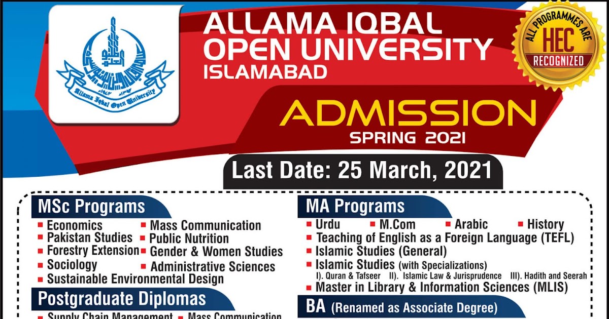 AIOU Admission 2021 Last Date and Admission Form Download (BA, BS(Hons