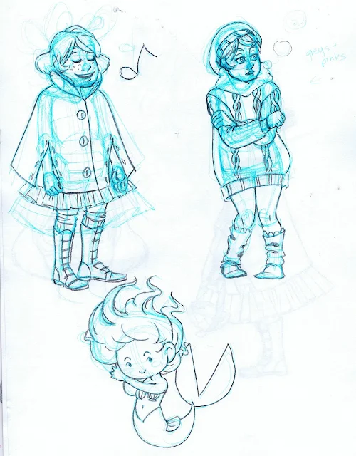 Chibi mermaid, girl in sweater, girl singing in cape