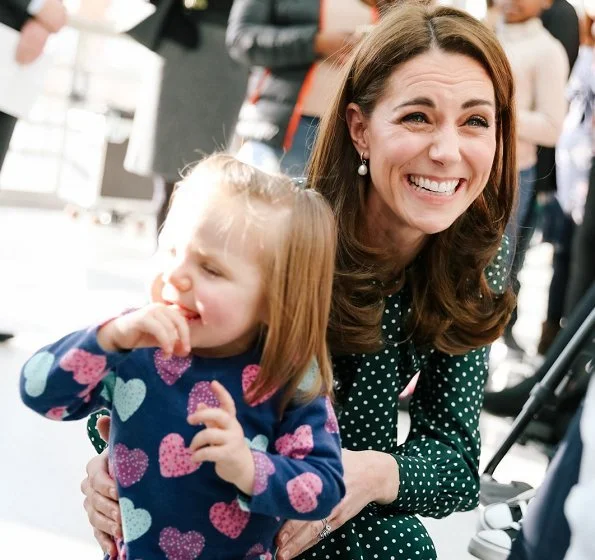 Kate Middleton wore LK Bennett Mortimer Dotted Silk Dress and carried L.K. Bennett Dora Khaki suede clutch