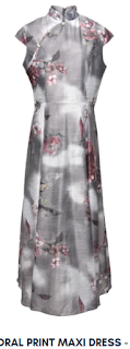 image Asian inspired long grey dress with red floral accents and high Mandarin collar