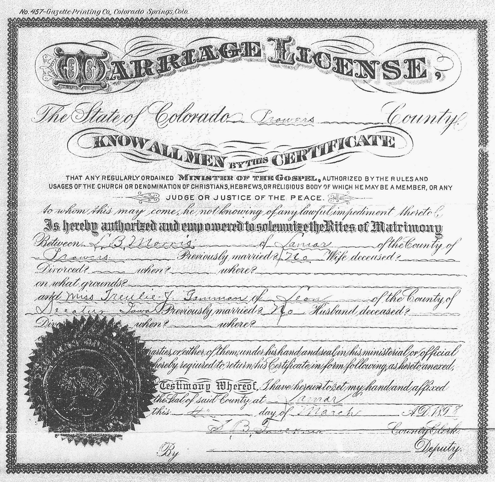 MORRISGAMMON FAMILY HISTORY Marriage Licenses & Birth and Death